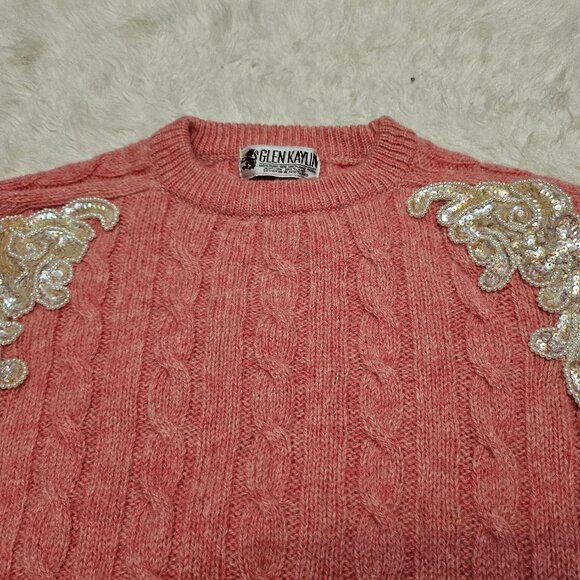 Vintage Glen Kaylin Pink 100% Pure Shetland Wool Knit Sequin Detail Sweater S - Picture 7 of 10